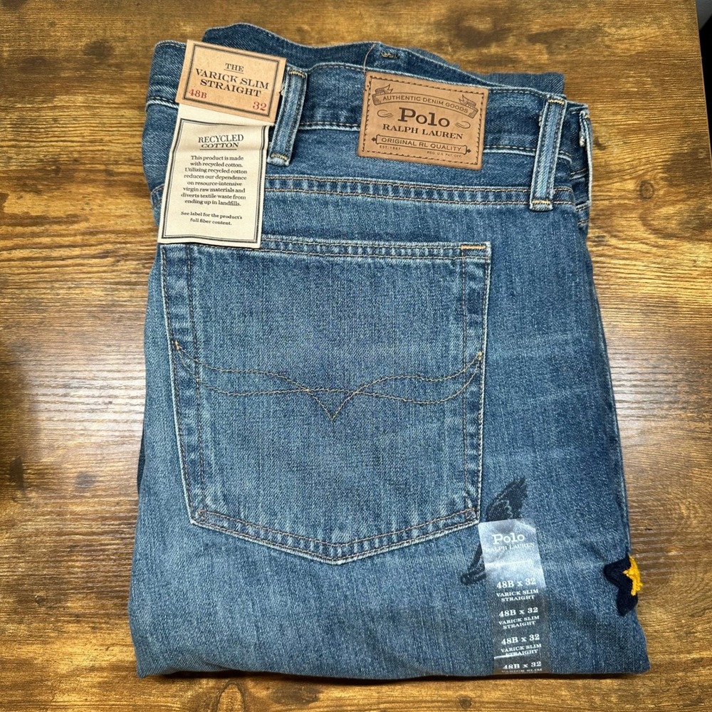 NEW Polo Ralph Lauren Varick Slim Straight Jeans Mens 48x32 Blue Graphic Patch